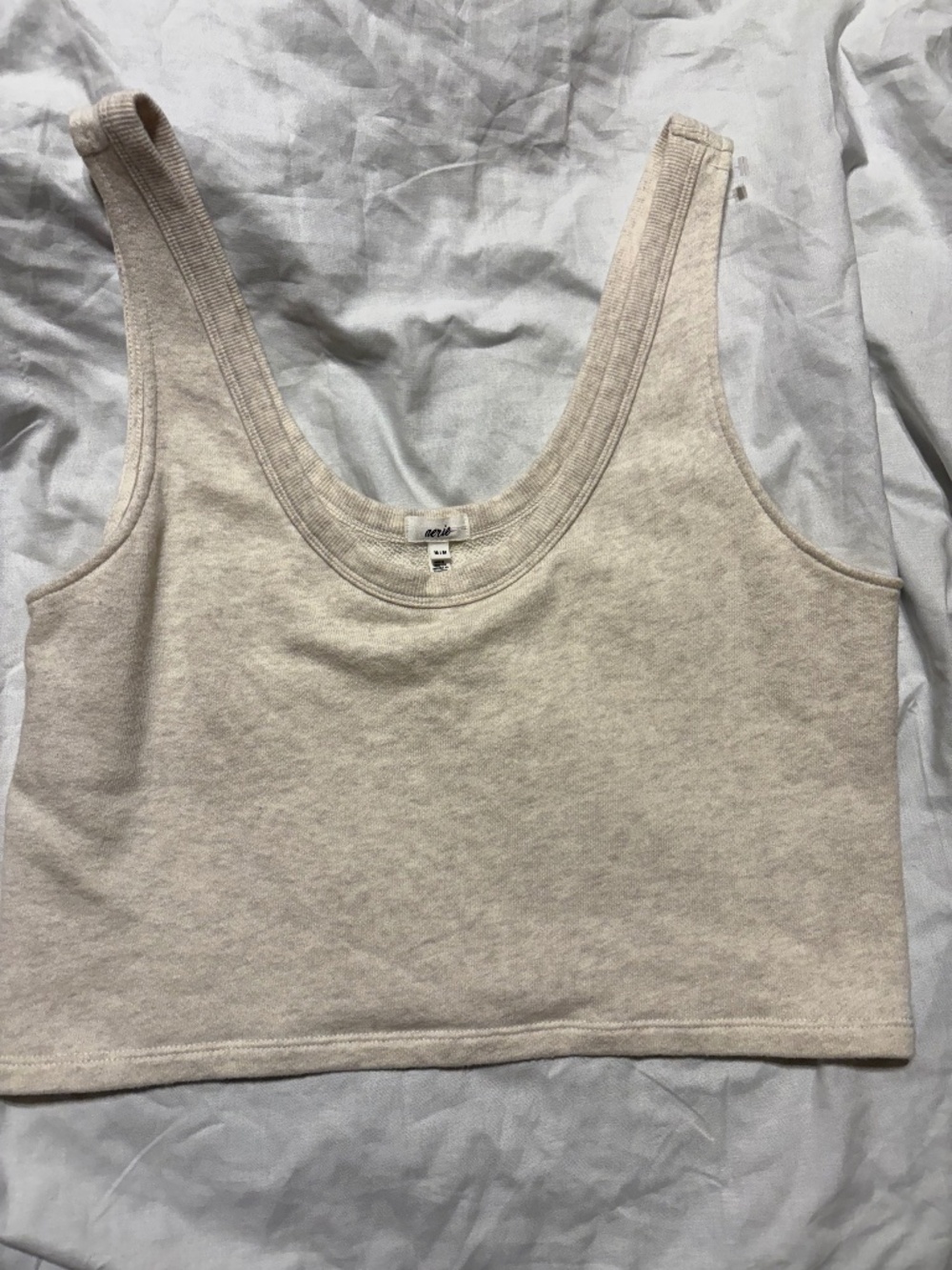 Aerie 100% Cotton Crochet Side Inset Crop Tank Top Heather Oatmeal Medium